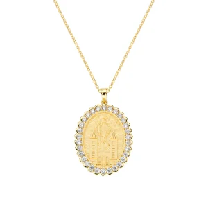 Collana Medaglia Medjugorie Dorata con Zirconi Bianchi