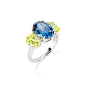 Anello Cocktail Rodio Zirconi Blu e Verde Mela