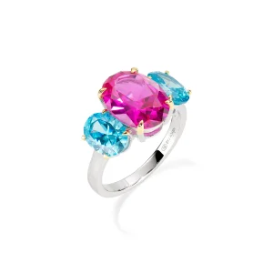 Anello Cocktail Rodio Zirconi Fucsia e Turchese