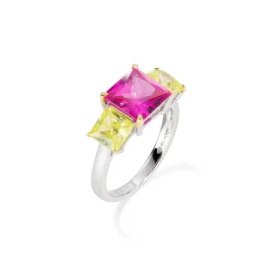 Anello Cocktail Rodio Zirconi Fucsia e Verde Mela