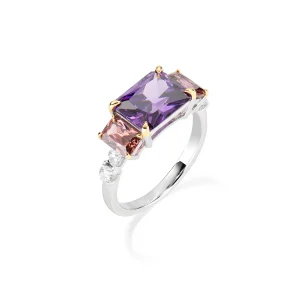 Anello Cocktail Rodio Zirconi Viola Brown e Bianchi