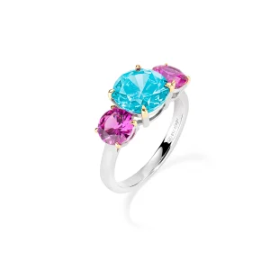 Anello Cocktail Rodio Zirconi Turchese e Fucsia