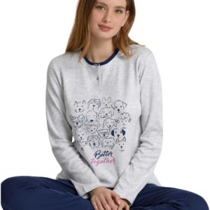 Galeone – Biancheria e Tessuti Pigiama Donna autunnale ed invernale Linea Sportiva Cotone in Tessuto Interlock Colore Grigio design Cuccioli